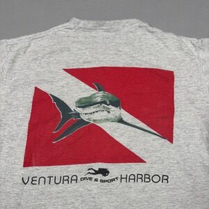 Vintage Ventura Dive & Sport Shark Graphic T-Shirt Gray Mens Cut Tag (Large)